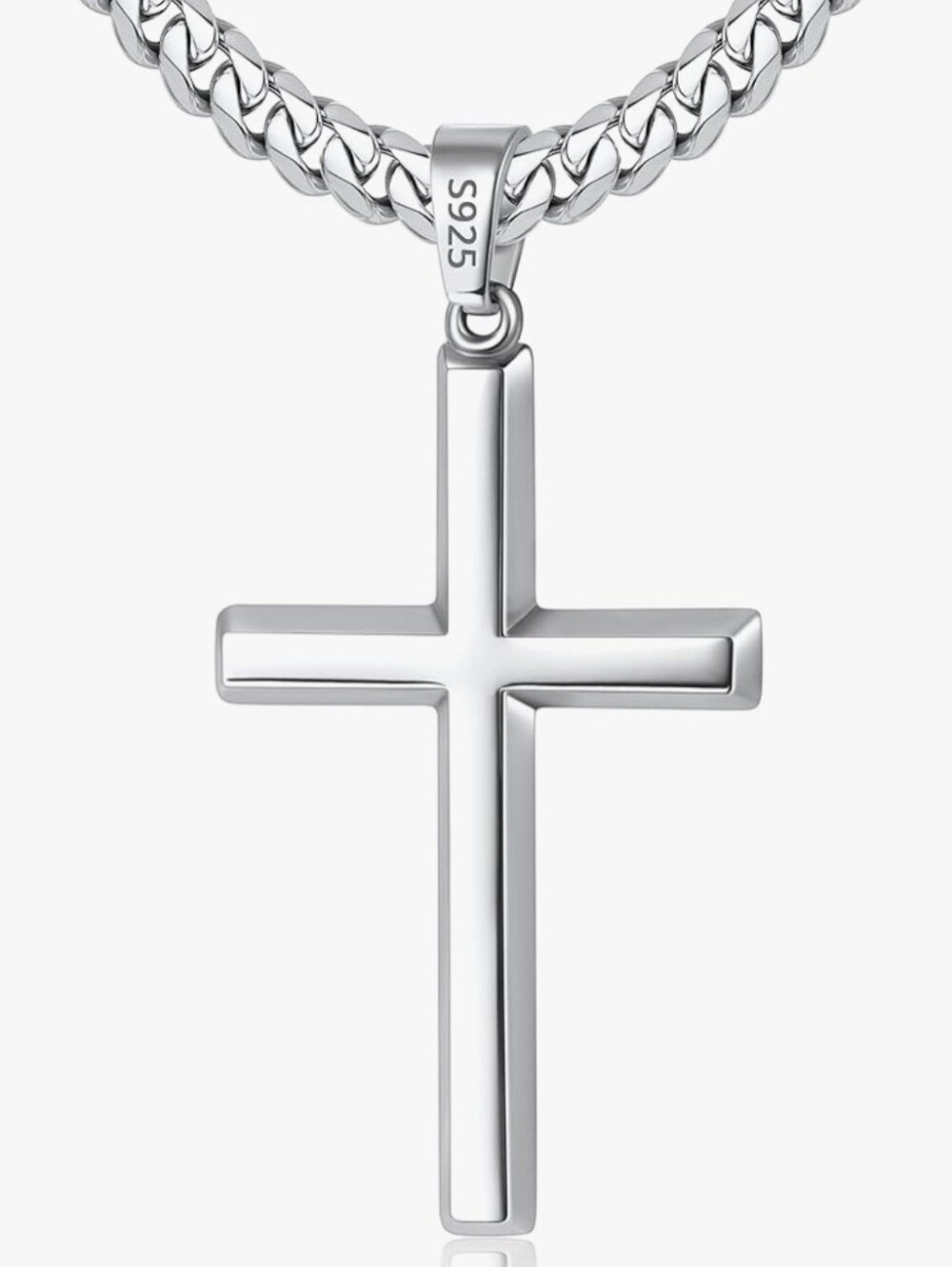 20" Sterling Silver Cross Pendant And Stainless Steel Cuban Necklace